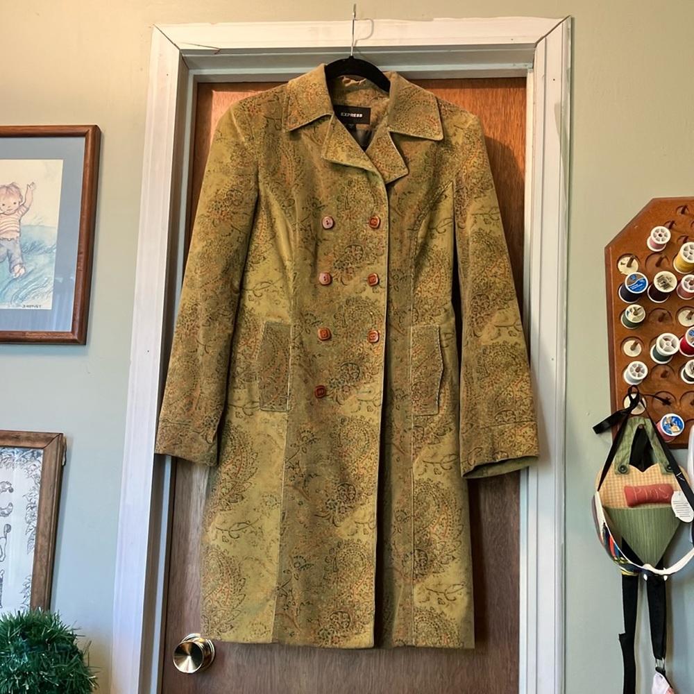 Express Green and Brown Trench Coat with Structured Silhouette
